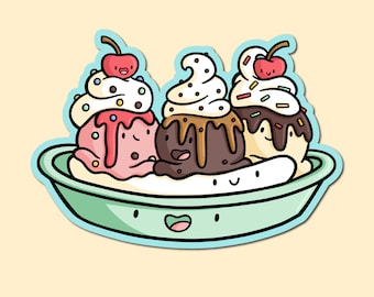 Banana Split Sticker| Waterproof Vinyl Sticker | Ice cream sundae | Ice Cream sticker | Cute Desserts Sticker | Kawaii Food Sticker | Anime