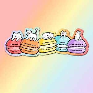 Rainbow Macaroon Cats Sticker | Weatherproof Vinyl Sticker | Cute desserts sticker | Kawaii food Sticker| Cute white cats | Pride Sticker