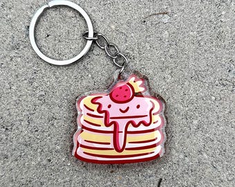 Erdbeer Pfannkuchen Keychain | Süßer Acryl Schlüsselanhänger | Stapel Pfannkuchen Schlüsselanhänger | Frühstück Schlüsselanhänger |Erdbeer Schlüsselanhänger | pastellrosa