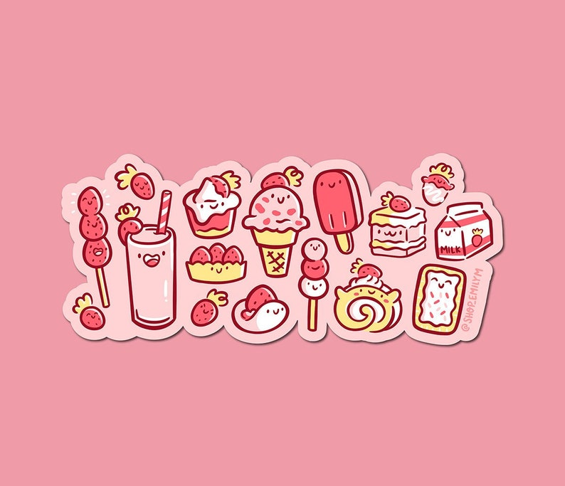 Strawberry Treats Sticker Weatherproof Vinyl Sticker Cute Strawberries Sticker Strawberry Art Happy food magnet cute pink magnet image 1