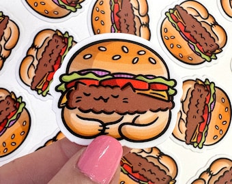 Miniaturowa naklejka winylowa z kotem Cheeseburgerem | Wodoodporna mini naklejka | Naklejka Kawaii Cat | słodka naklejka z burgerem | naklejka z niezdrowym jedzeniem | słodka sztuka jedzenia