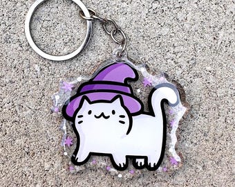 Portachiavi gatto strega / portachiavi in acrilico carino / portachiavi gatto kawaii / portachiavi gatto bianco / portachiavi Halloween / portachiavi strega carino / magico