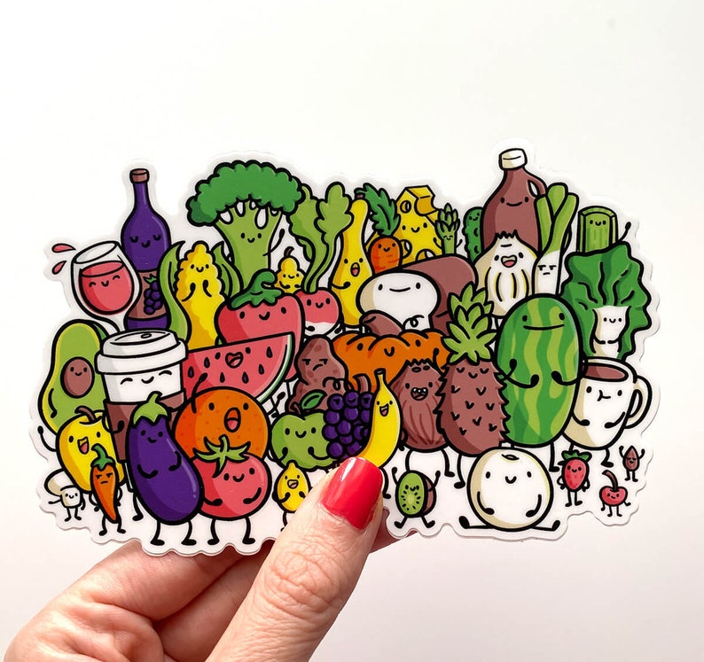 May include: A colorful sticker featuring a variety of fruits, vegetables, and other food items with cartoon faces. The sticker is designed in a whimsical style with bright colors and playful details.