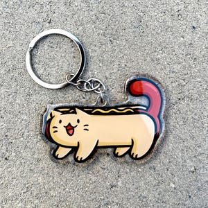 Hot Dog Cat Keychain |Cute Acrylic Keychain | Hot dog keychain | hot dog with mustard | junk food keychain | kawaii food keychain | cute cat