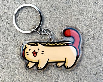 Hot Dog Cat Keychain |Cute Acrylic Keychain | Hot dog keychain | hot dog with mustard | junk food keychain | kawaii food keychain | cute cat
