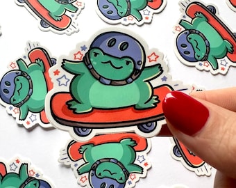 Sticker grenouille mini skate | Sticker imperméable | Sticker grenouille mignonne | Sticker skateur mignon | adorable autocollant de sport | Sticker mini grenouille
