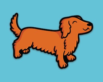 Long Haired Dachshund Vinyl Sticker | Wiener Dog | Red Miniature Dachshund | Kawaii Dog Art | Weatherproof Car Sticker | Waterproof Sticker