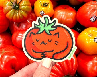 Pegatina de gato de tomate / pegatina de vinilo resistente a la intemperie / pegatina de gato Kawaii / pegatina de gatos vegetarianos / pegatina vegetariana / comida linda / pegatina de tomate lindo