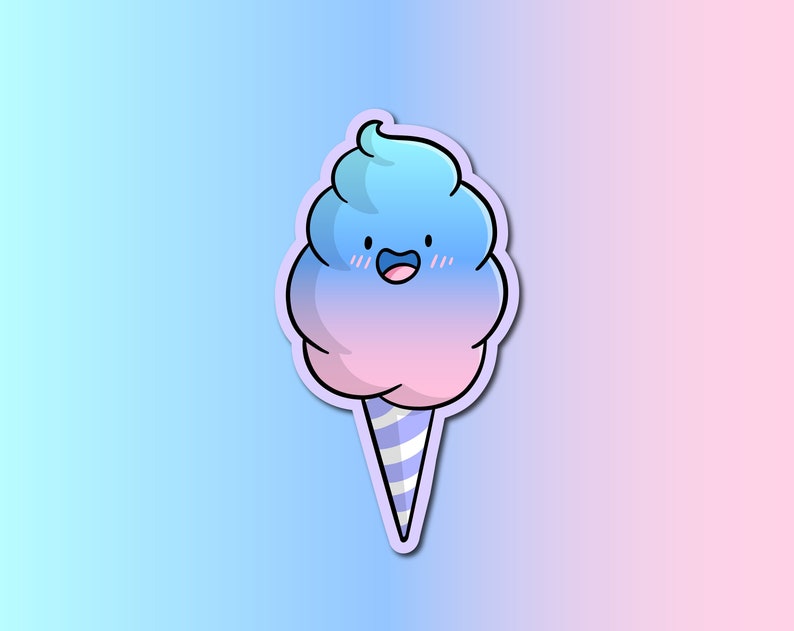 May include: A blue and pink cartoon cotton candy with a smiling face and a striped cone. The cotton candy is on a light blue and pink background.