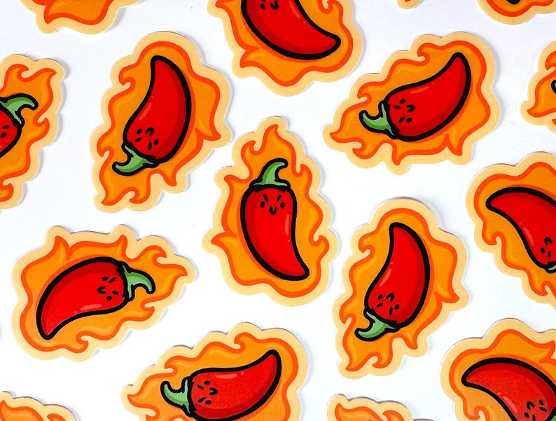 May include: A collection of red chilli pepper stickers with flames, each with a different facial expression. The stickers are on a white background.