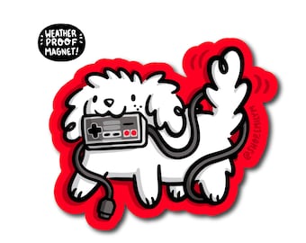 Video Game Dog Magnet | Waterproof Car Magnet | kawaii gaming magnet | retro gaming magnet | gaming controller magnet | white dog magnet
