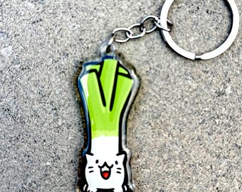 Leek Cat Keychain | Cute Acrylic Keychain | Leek Keychain | green onion keychain | veggie keychain | vegetables keychain | cute cat keychain