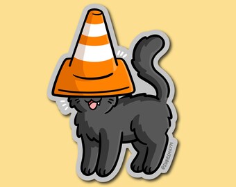 Traffic Cone Hat Cat Sticker | Weatherproof Vinyl Sticker | cute pittsburgh sticker | pittsburgh baseball | construction cone | black cat