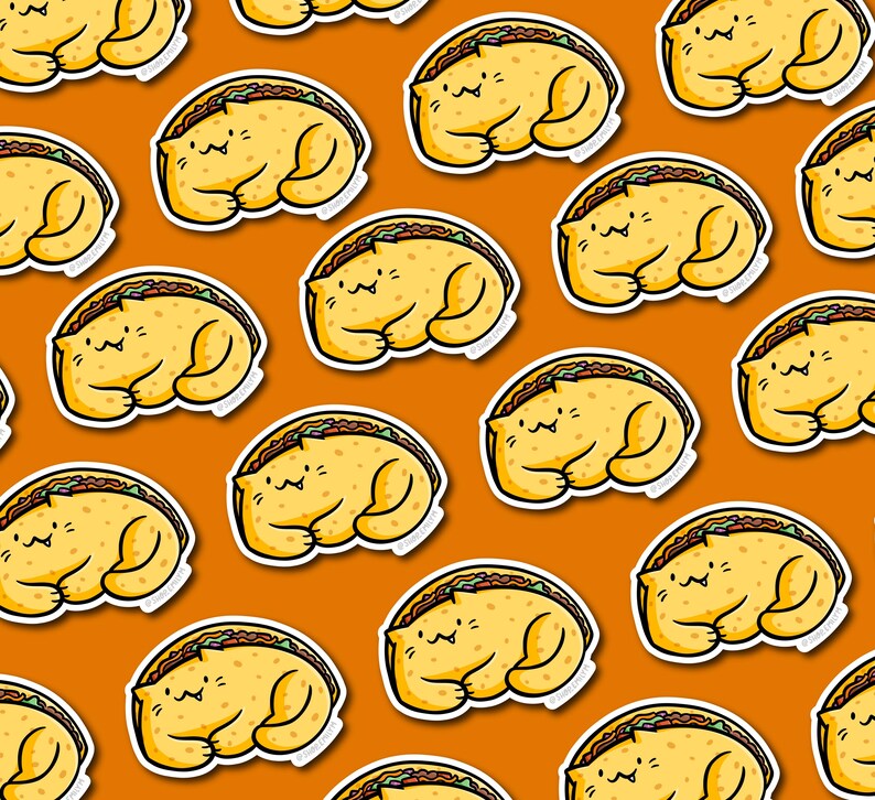 May include: A repeating pattern of yellow cat-shaped tacos on an orange background. Each taco has a smiling cat face and a white outline.