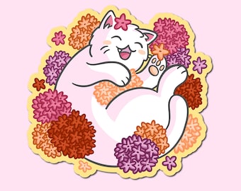 Flower Cat Sticker| Waterproof Vinyl Sticker | Cute cat Sticker | Pink Flowers Sticker| Plants Sticker | Cute Cat Art | Pretty Flowers art