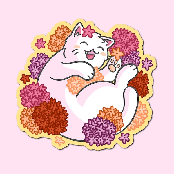Flower Cat Sticker| Waterproof Vinyl Sticker | Cute cat Sticker | Pink Flowers Sticker| Plants Sticker | Cute Cat Art | Pretty Flowers art