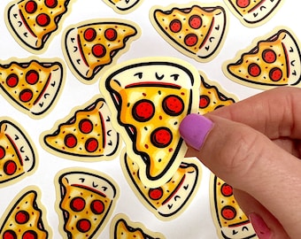 May include: A set of colorful pizza slice stickers with a cartoon-style design. The stickers feature a yellow crust, red pepperoni, and green peppers. One sticker has a face with a smiley expression and the text "TUT".