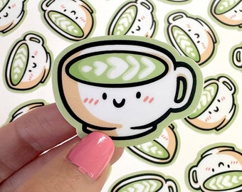 Adesivo de vinil Mini Matcha Latte | Adesivo à prova d'água para celular | Bebidas kawaii | Adesivo fofo de matcha | Adesivo fofo de latte | Adesivo fofo de bebidas