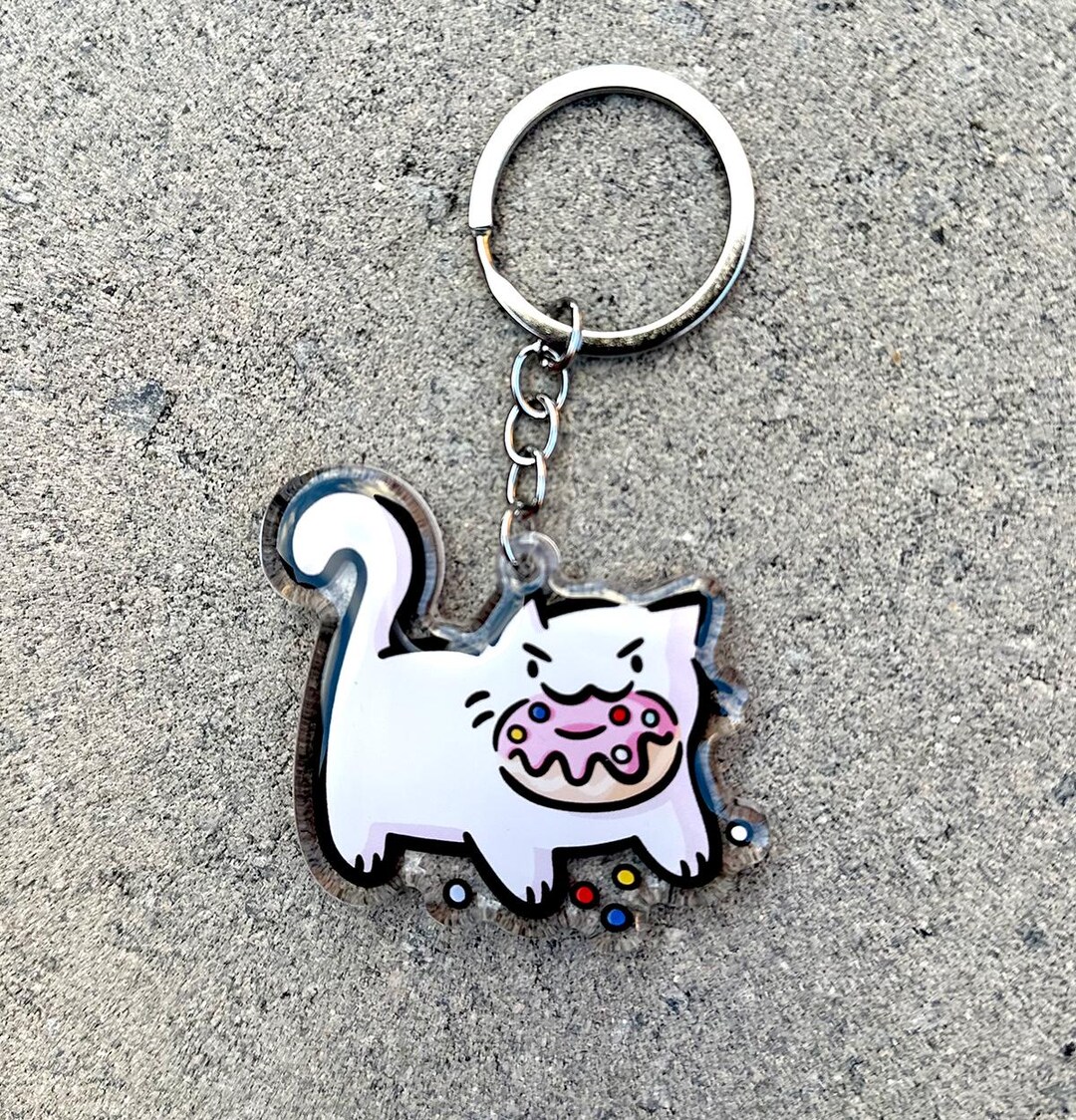 Grumpy Donut Cat Keychain | Cute Acrylic Keychain | White Cat Keychain ...