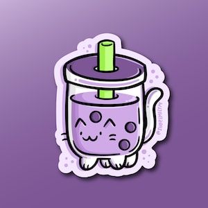 Sticker Bubble Tea kat | Weerbestendige vinylsticker | sticker kawaiidrankje | schattige bobatheesticker | taro bubble tea sticker | kawaii bubble tea