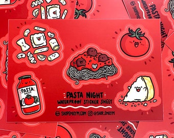 Hoja de pegatinas impermeables de Noche de Pasta / Mini pegatinas de vinilo /Pegatinas de pasta lindas / pegatinas de espagueti / pegatinas de comida kawaii / pegatina de tomate