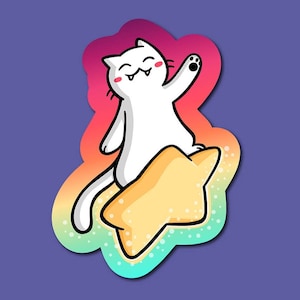 Shooting Star Cat Vinyl Sticker | Cute Cat Sticker | Outer Space Sticker| Kawaii Art| White Cat Sticker | Weatherproof Sticker | Cute Animal