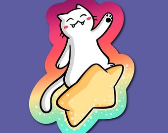 Shooting Star Cat Vinyl Sticker | Cute Cat Sticker | Outer Space Sticker| Kawaii Art| White Cat Sticker | Weatherproof Sticker | Cute Animal
