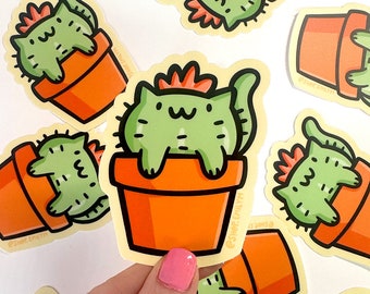 Cactus Cat Sticker | Weatherproof Vinyl Sticker | Cute cactus sticker | kawaii cat sticker | house plants sticker | flowering cactus sticker