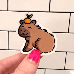 Mini Capybara Sticker | cute animal sticker | capybara with an orange sticker | happy capybara sticker | kawaii animals sticker | zoo animal image 4