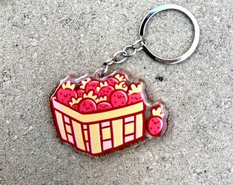 Basket of Strawberries Keychain | Cute Acrylic Keychain |  Kawaii Fruit keychain | Picking fruit keychain | harvest keychain | pastel pink