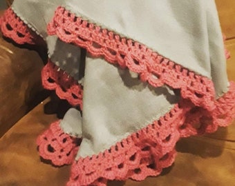 Pink and Gray Crochet-Edged Blanket