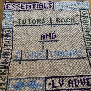 Peut inclure: Une couverture beige au crochet avec du texte de différentes couleurs. Le texte comprend "ESSENTIALS", "TUTORS ROCK", "WRITING", "GRAMMAR", "AND", "IT GIVES THEM" et "-LY ADVERB". La couverture a un motif texturé.