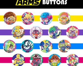 ARMS (Nintendo) Pinback Buttons - All 15 Characters + Biff!