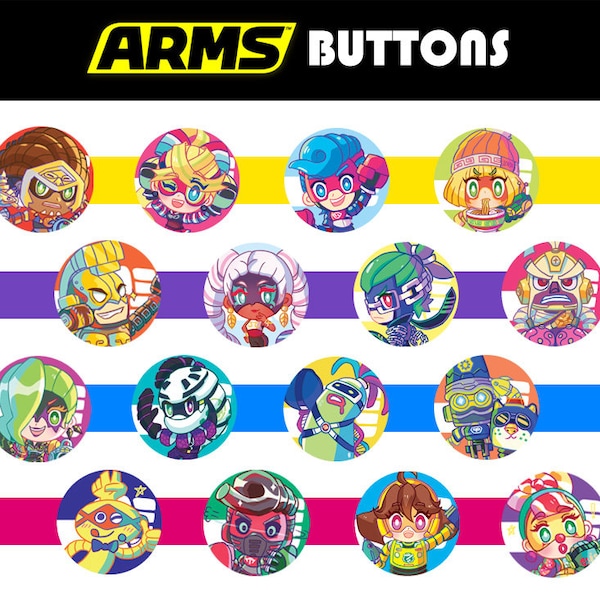 ARMS (Nintendo) Pinback Buttons - All 15 Characters + Biff!