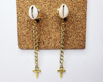 Clear cowrie shell dangle earrings with Gold flakes and gold chain; classy, queen, africa, african, melanin, RBG, fall, autumn earrings