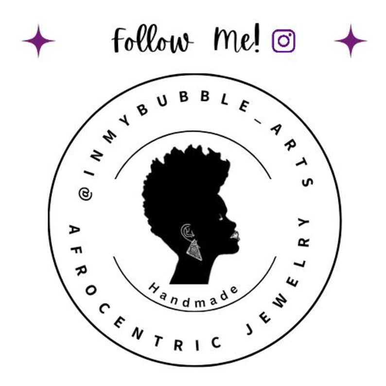May include: Black and white logo for a jewelry business called "Afrocentric Jewelry Arts". The logo features a silhouette of a woman's head with a large earring. The text "Handmade" is written below the silhouette.