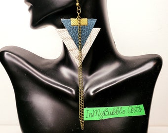 Turquoise Faux Leather triangle dangle earrings; queen,  royalty, handmade, dangle, drop, afrocentric, joy, melanin