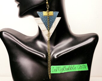 Turquoise Faux Leather triangle dangle earrings; queen,  royalty, handmade, dangle, drop, afrocentric, joy, melanin