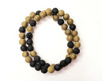 Matte Gold Druzy Agate and Black Lava Bead Double Wrap Bracelet