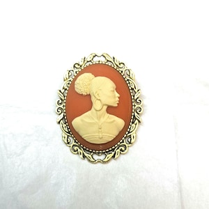 Black Woman; African Lady Brooch/ Cameo/ Pin Orange