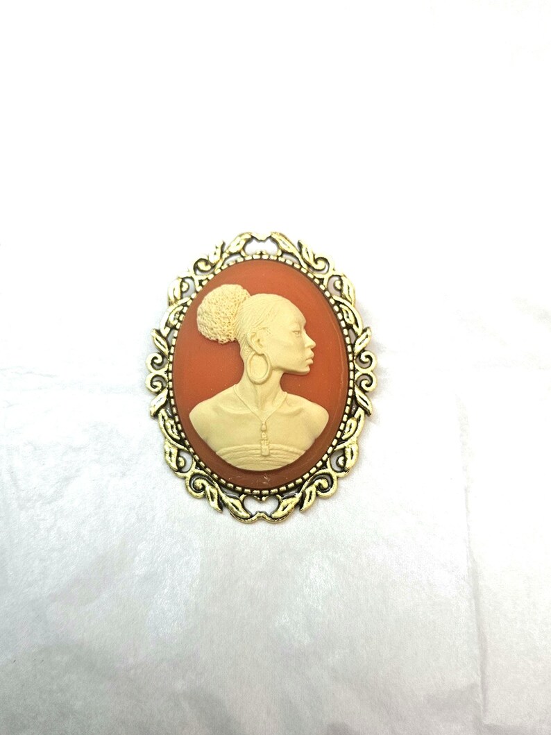 Black Woman; African Lady Brooch/ Cameo/ Pin Orange