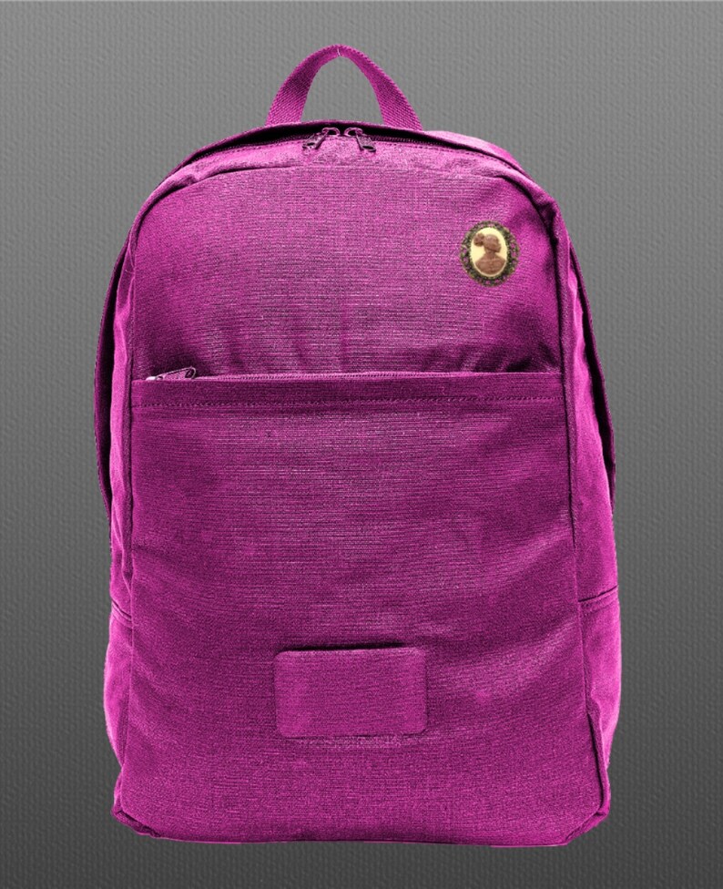 May include: A magenta backpack with a small, round, gold-colored pin on the front. The backpack has a zippered pocket on the front and a large main compartment.