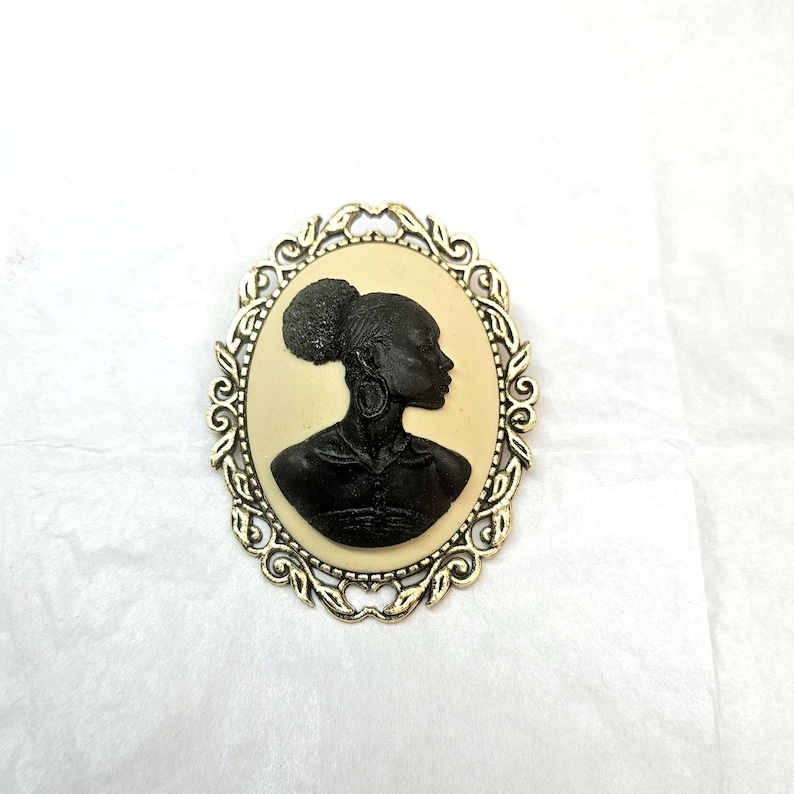 Black Woman; African Lady Brooch/ Cameo/ Pin Cream/ Black