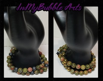 Unakite/Gold Hematite Men's Double wrap bracelet; kings, african, royalty, melanin, RBG, mens,  heavy, weighted