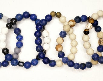 Lapis Lazuli bracelets; throat chakra; alignment; blue, turquoise; jasper, hematite, agate, tiger's eye, howlite,