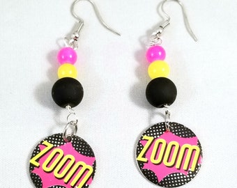 ZOOM; superhero earrings; pink, black, yellow, Disney, fast,