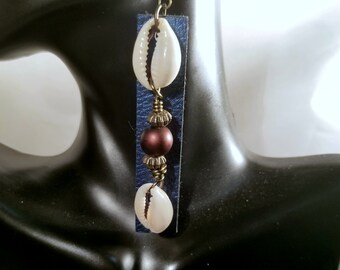 Blue Faux Leather Cowrie Shell Drops, earrings, afrocentric, rectangle,
