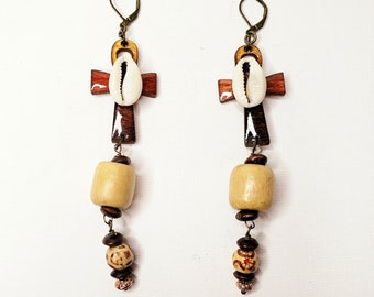 Ankh and Cowrie shell dangle earrings, africa, queen, handmade, afrocentric, afrochic, queen, afrocentric, lightweight