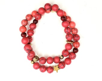 Men's Red Howlite semiprecious beaded double wrap weighted Bracelet