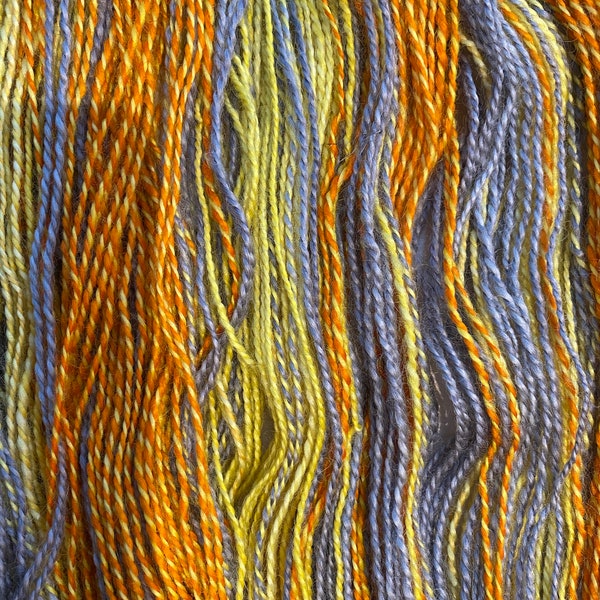 Hand-spun Wensleydale Aran Wool (Worsted) weight 100g (3.52 oz) skein Bayeux shades in orange, yellow, grey